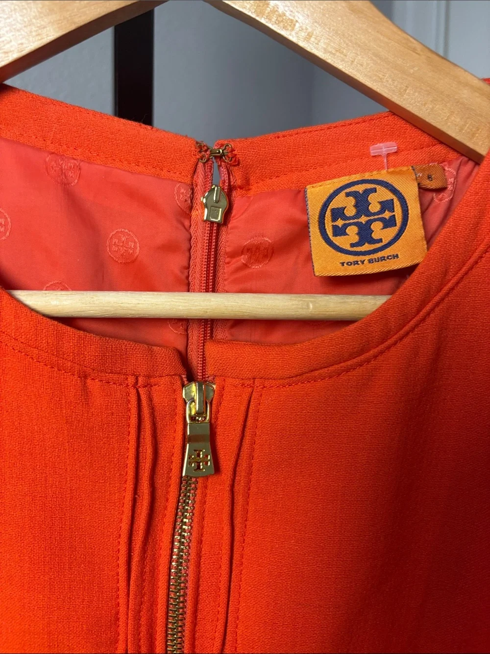 Tory Burch Bright Orange Sleeveless Zip-Front Midi Dress zipper pockets sz 6🍑